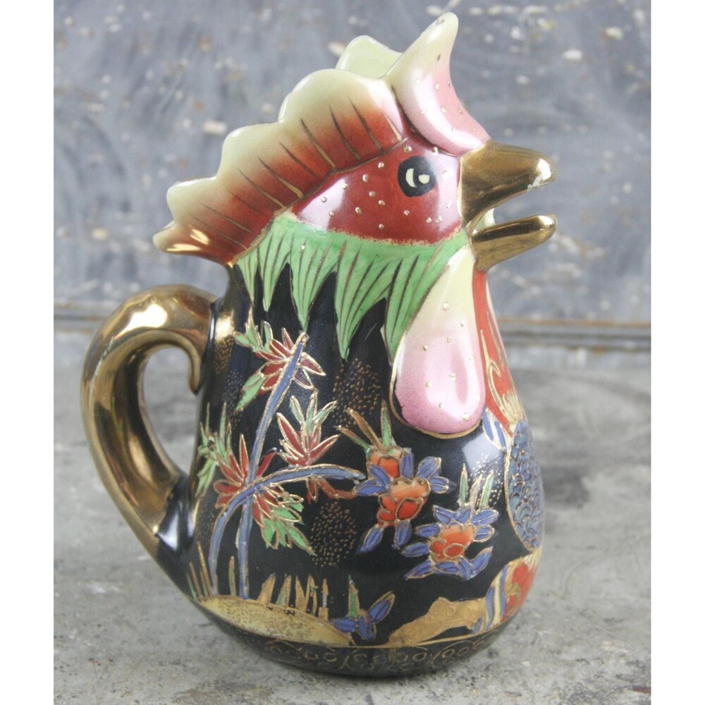 Vintage Japanese Moriage Ceramic Rooster Pitcher with Raised Floral Designs